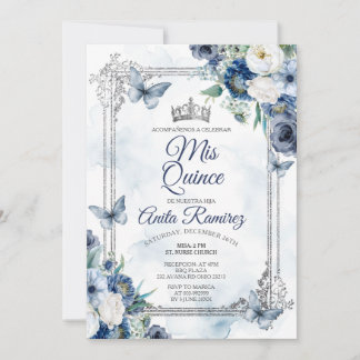 Mexikanische Silver Crown & Navy Blue Rose MIS QUI Einladung