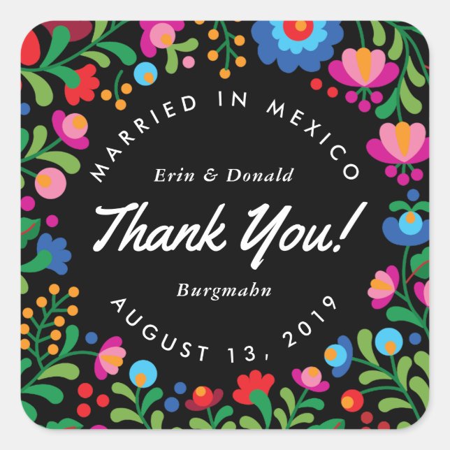 mexikanische Stickerei auf schwarz Quadratischer Aufkleber (Vorderseite)