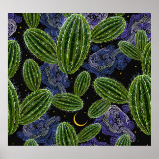 mexikanische Stickerei: Kakteen Night Seamless. Poster