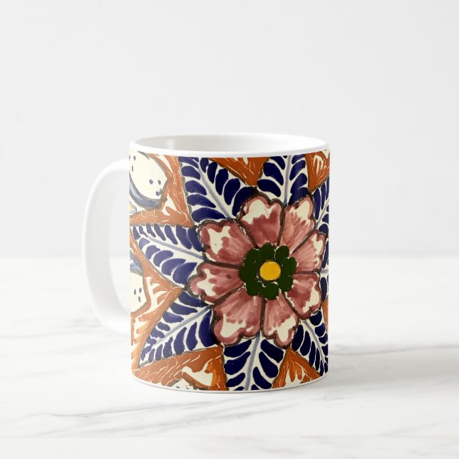 Mexikanische Töpferei Talavera Südwest Brown Blue Kaffeetasse (Vorderseite Links)