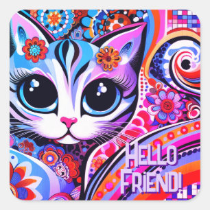 Mexikanische Volkskunst Abstrakt Kitty Cat Geburts Quadratischer Aufkleber