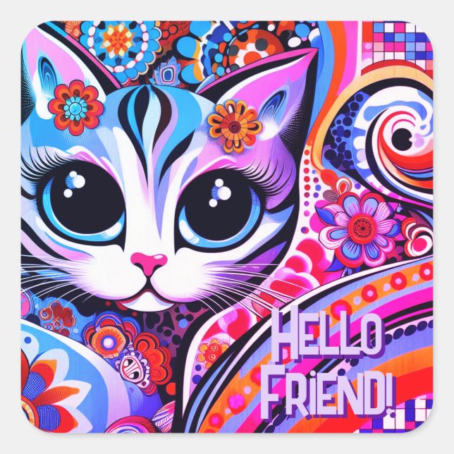 Mexikanische Volkskunst Abstrakt Kitty Cat Geburts Quadratischer Aufkleber (Vorderseite)