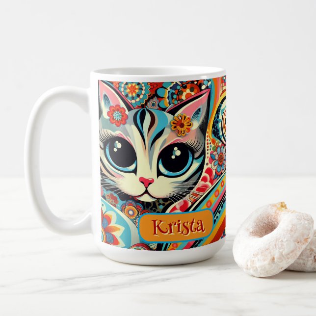 Mexikanische Volkskunst Abstrakt Kitty Cat Persona Kaffeetasse (Mit Donut)