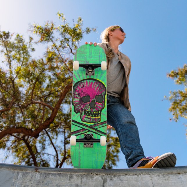 Mexikanischer Calavera Green Ray Skull Grunge Kuns Skateboard (Außenbereich 1)