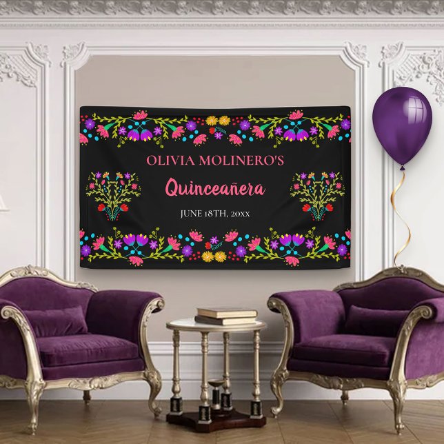 Mexikanischer Fiesta Floral Black Quinceanera Gebu Banner (Von Creator hochgeladen)