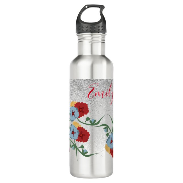 Mexikanischer Florals Grüner Sparkle Mit Monogramm Edelstahlflasche (Vorderseite)