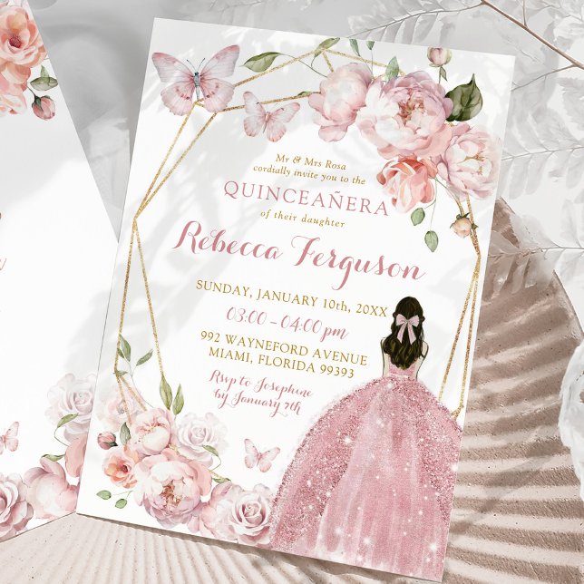 Mexikanischer Goldpink-Blütenprinzessin Quinceañer Einladung (Von Creator hochgeladen)