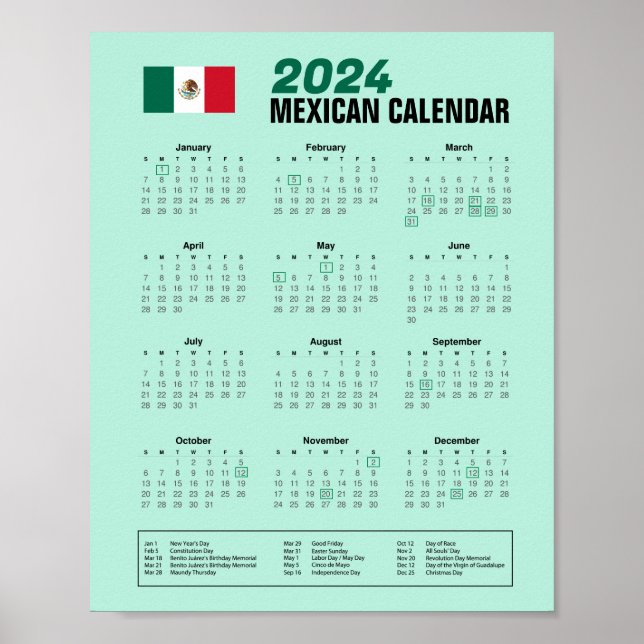 Mexikanischer Kalender 2024 PDF herunterladen 3,95 Poster (Vorne)