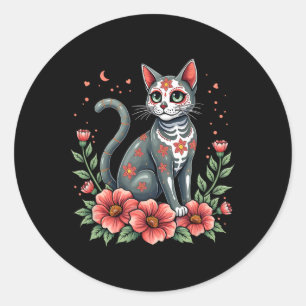 mexikanischer Katzenschädel mit Blume Runder Aufkleber
