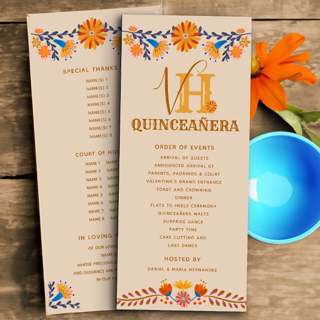 Mexikanischer Mit Monogramm Western Quinceanera Programm (Monogrammed programs for Quinceanera or other occasion with western boho mexican floral design)
