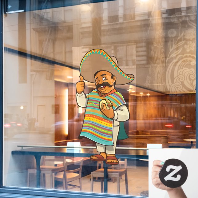 mexikanischer Restaurantmann mit Taco-Krampf Fensteraufkleber (Café-Fenster)