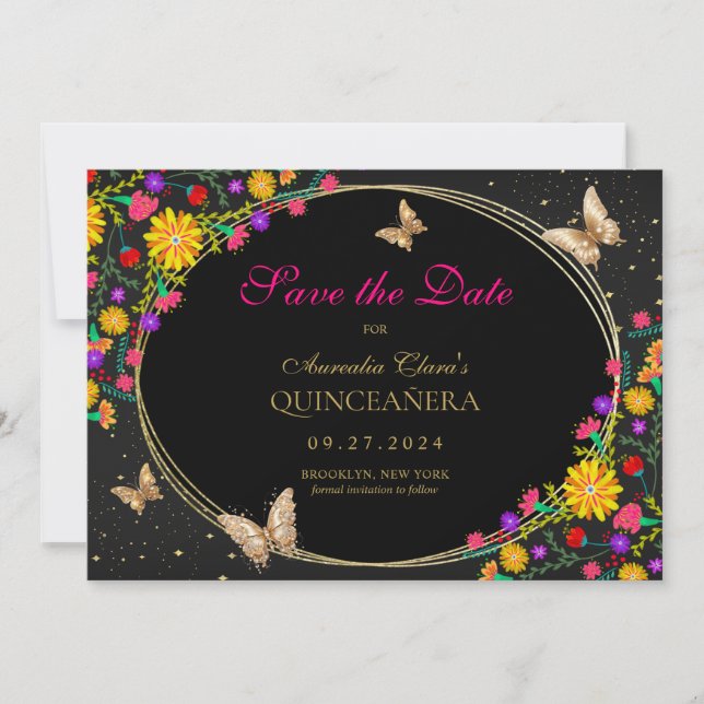 Mexikanischer Schwarzer Schmetterling Quinceanera Save The Date (Vorderseite)