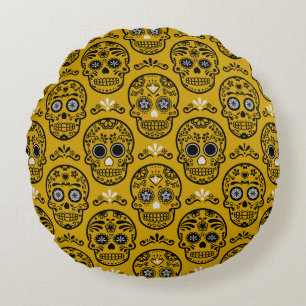 Mexikanischer Tag der Toten Calavera Blumiger Tote Rundes Kissen