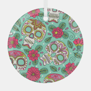 Mexikanischer Totenkopf und Blumen, nahtlos. Ornament Aus Glas