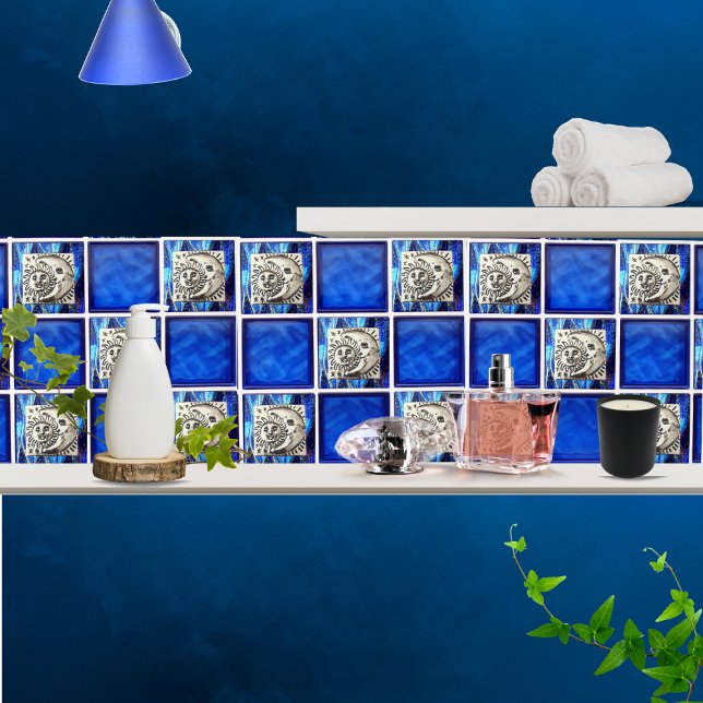 Mexikanischer Vintager Silbermond & Sonne auf blau Fliese (Von Creator hochgeladen)