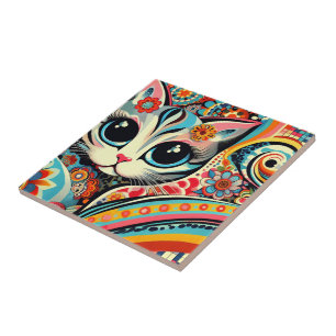Mexikanischer Volkskunst Abstrakt Kitty Cat Talave Fliese