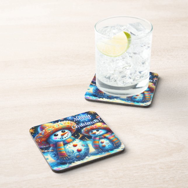 Mexikanischer Volkskunst Snowmen Schneemänner Schn Getränkeuntersetzer (Rechte Seite)