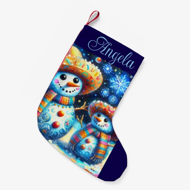 Mexikanischer Volkskunst Snowmen Schneemänner Schn Kleiner Weihnachtsstrumpf (Vorderansicht (hängend))