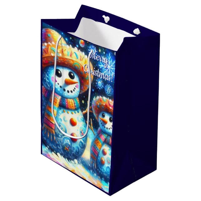 Mexikanischer Volkskunst Snowmen Schneemänner Schn Mittlere Geschenktüte (Vorderseite Schrägansicht)