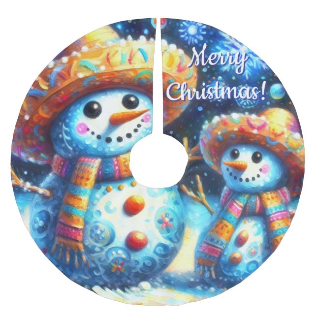Mexikanischer Volkskunst Snowmen Schneemänner Schn Polyester Weihnachtsbaumdecke (Vorderseite)