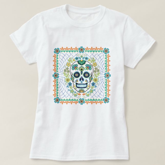Mexikanischer Zuckerschädel mit Aqua-Blume T-Shirt (Design vorne)