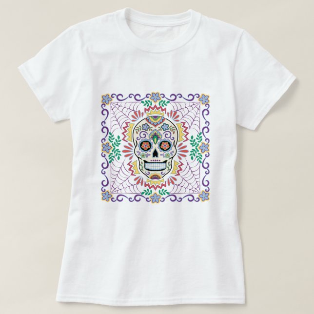 Mexikanischer Zuckerschädel mit Blüten T-Shirt (Design vorne)
