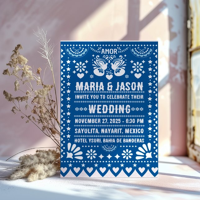 Mexikanisches Blau Papierblumen-Party - Volkskunst Einladung (Mexican Blue Papel Picado Fiesta Folk Art Wedding Invitation)