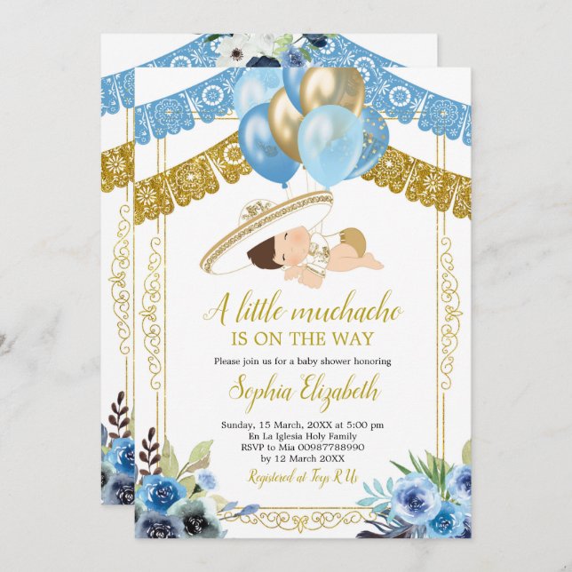 Mexikanisches Blau und Gold Charro Little Muchacho Einladung (Vorne/Hinten)