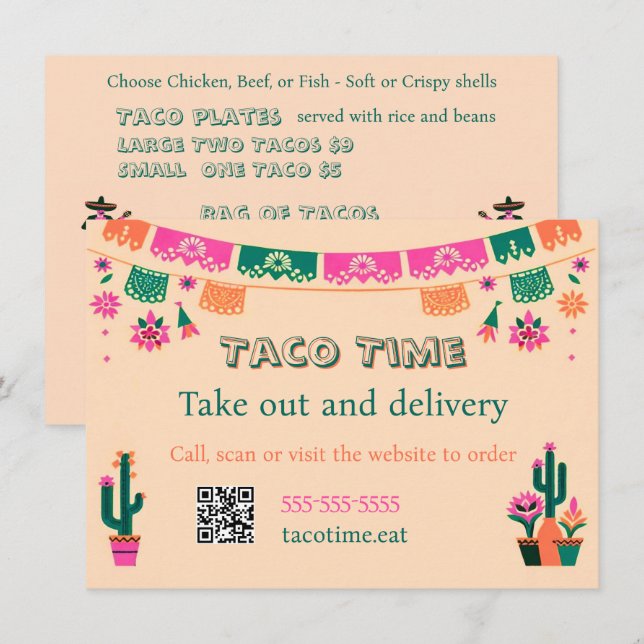 Mexikanisches Essen Taco Takeout oder Lieferung Fl Menükarte (Vorne/Hinten)