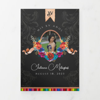 Mexikanisches Fiesta farbenfrohe Flora Charro Quin Dreifach Gefaltete Einladung