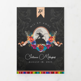 Mexikanisches Fiesta farbenfrohe Flora Charro Quin Dreifach Gefaltete Einladung