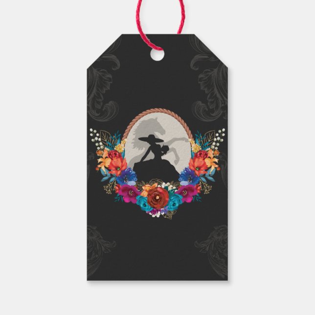 Mexikanisches Fiesta farbenfrohe Flora Charro Quin Geschenkanhänger (Rückseite)