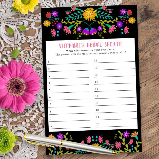 Mexikanisches Fiesta Floral Shower Game Anssheet (Bridal Shower Game answer card from my Mexican Fiesta Floral collection)