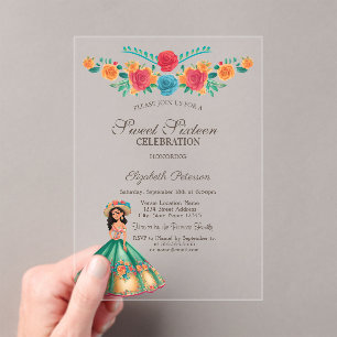 Mexikanisches Fiesta-Kleid Blumen Sweet 16 Acryleinladungen