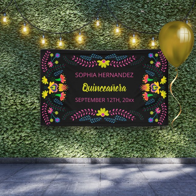 Mexikanisches Fiesta Party Black Quinceanera Gebur Banner (Von Creator hochgeladen)