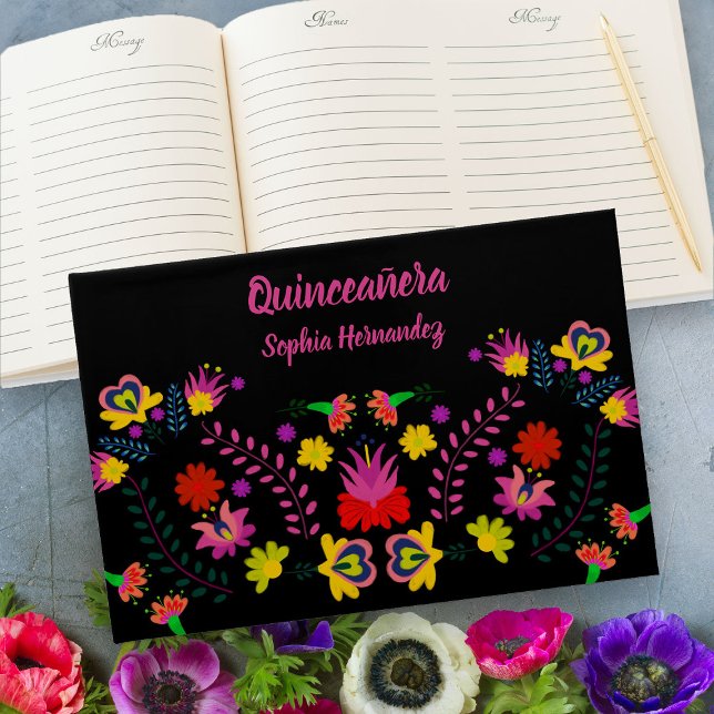 Mexikanisches Fiesta Party Floral Quinceanera Blac Gästebuch (Quinceanera Guest Book from my Mexican Fiesta Party Quinceanera Collection 
)