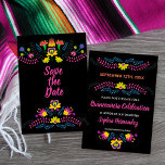 Mexikanisches Fiesta-Party Save The Date<br><div class="desc">mexikanische Blumenkarte Save the Date in farbenfrohen mexikanischen Fiesta Folk Art Blume. Das Design ist beidseitig dekoriert und die Vorlage ist für Sie bereit, um Ihr besonderes Datum, Ihren Namen, den Anlass und den eigenen Text auf der Rückseite Set. Das Design kann an jeden Anlass angepasst werden und ist perfekt...</div>