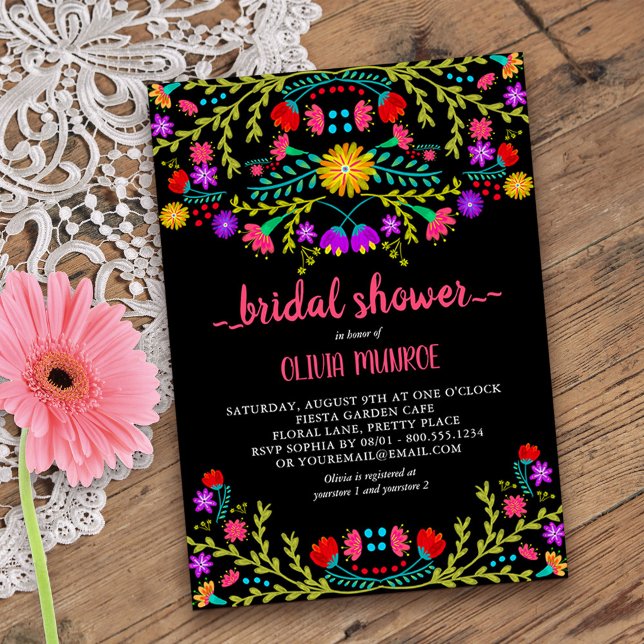 Mexikanisches Fiesta Schwarzes Brautparty Einladung (Bridal Shower invitation from my Mexican Fiesta Floral collection)