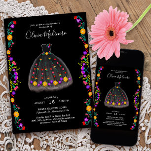 Mexikanisches Fiesta-Schwarzes Charro-Kleid Quince Einladung