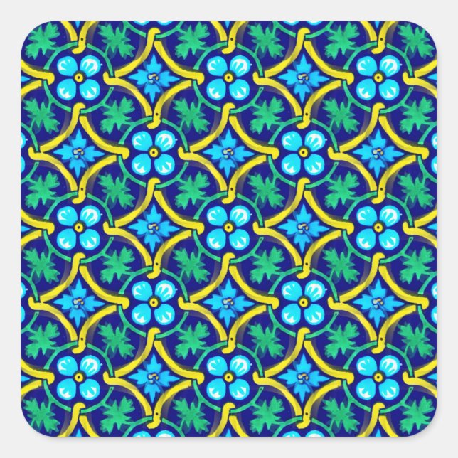 mexikanisches Fliesendesign Aquamarin Gelbe Blumen Quadratischer Aufkleber (Vorderseite)