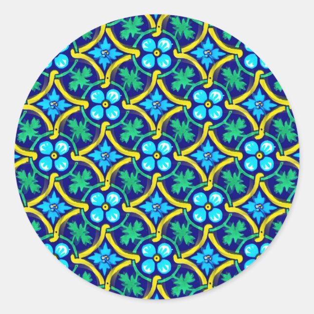 mexikanisches Fliesendesign Aquamarin Gelbe Blumen Runder Aufkleber (Vorderseite)