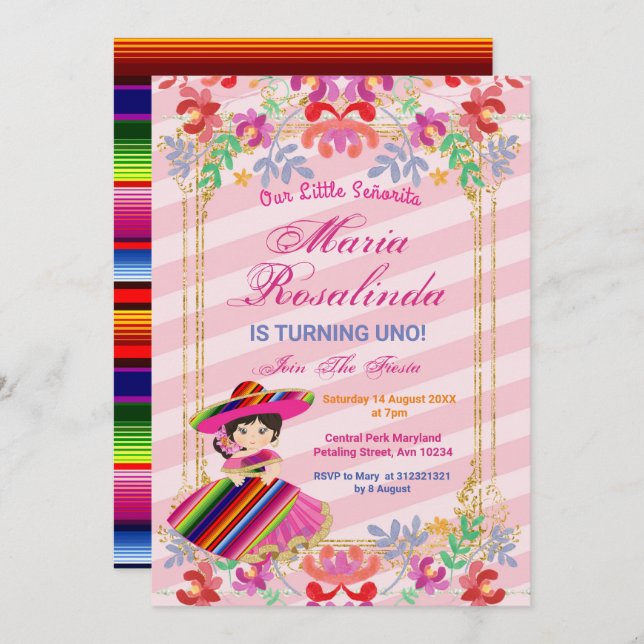Mexikanisches Florentinermädchen Fiesta 1. Geburts Einladung (Vorne/Hinten)