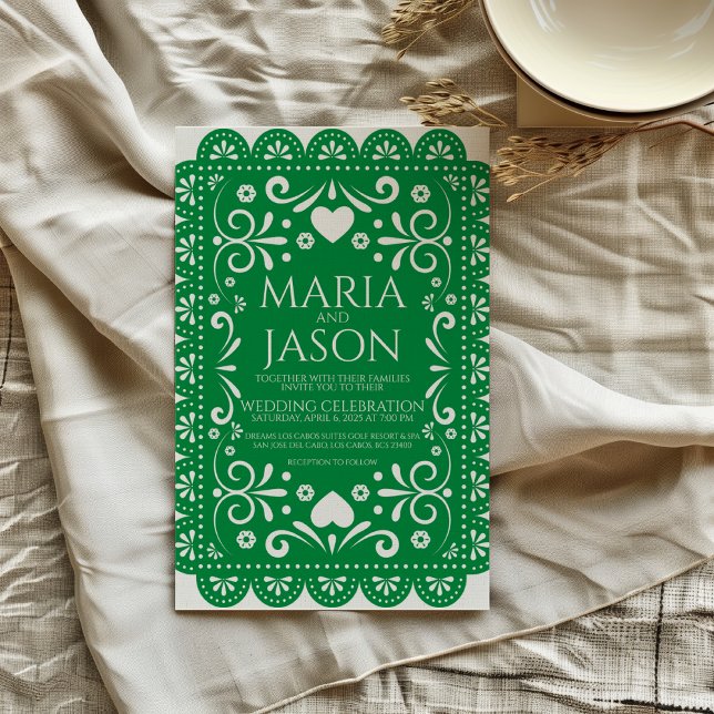 Mexikanisches Papel Picado Hochzeit des grünen Vol Einladung (Mexican Papel Picado Green White Folk Art Wedding Invitation)