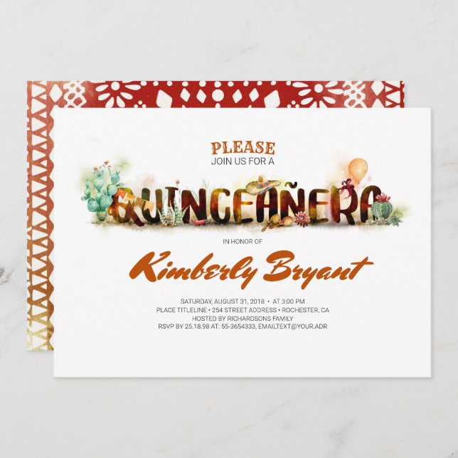 Mexikanisches Party Fiesta - Quinceñera 15. Geburt Einladung (Vorne/Hinten)