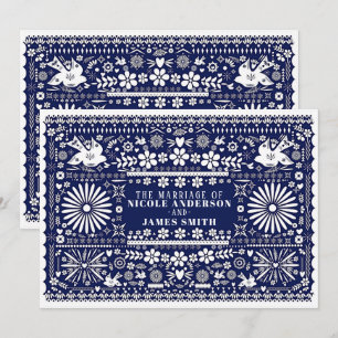 Mexikanisches Picado Blau Weiß Papier Hochzeit Ehe Einladung