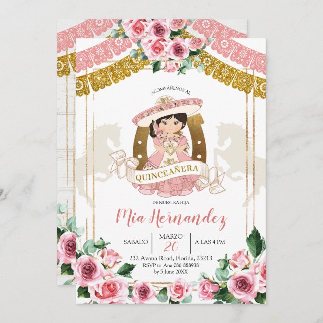 Mexikanisches Rosa Charra 15. Geburtstagsfeier Einladung (Vorne/Hinten)