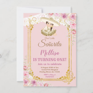 Mexikanisches Rosa und Gold Girl Fiesta Geburtstag Einladung