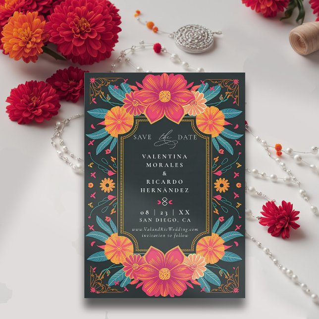 Mexikanisches Rustikales Elegantes Floral Rancho H Save The Date (rancho mexican wedding save the date fiesta hacienda illustration floral elegant modern frame)