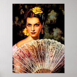 Mexikanisches schönes Kalender-Girl mit Spitzenfäc Poster