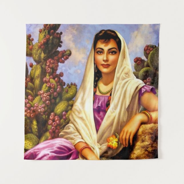 Mexikanisches Schönheitssalon Girl mit Cream Shawl Wandteppich (Vorderseite)